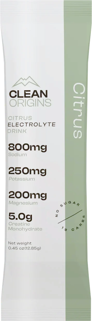 Clean Origins Citrus single-serve stick pack: 800mg sodium, 250mg potassium, 200mg magnesium
