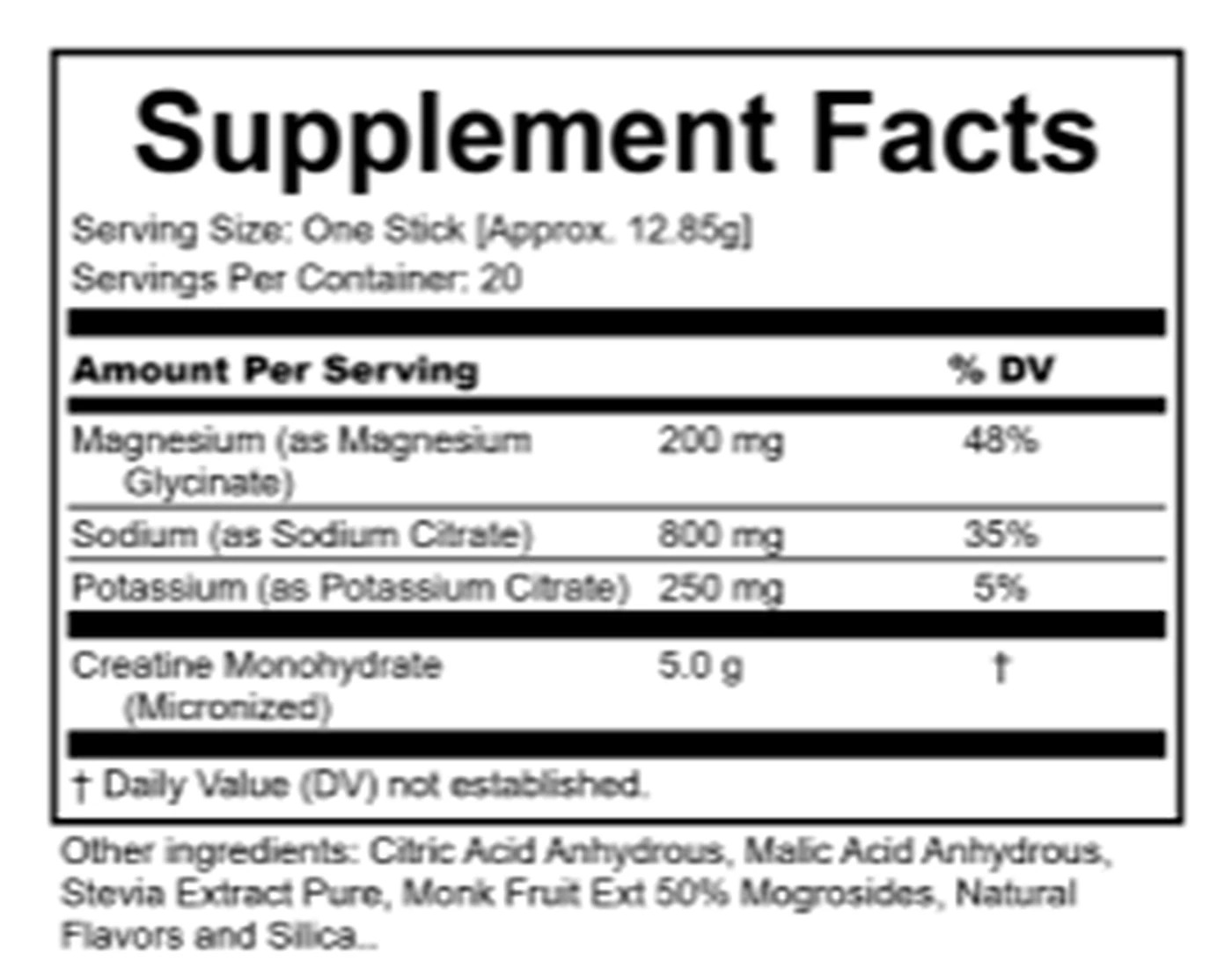 Clean Origins Supplement Facts panel: serving size one stick approximately 12.85 grams, 20 servings per container, 200mg magnesium as magnesium glycinate, 800mg sodium as sodium citrate, 250mg potassium as potassium citrate, 5.0g micronized creatine monohydrate.